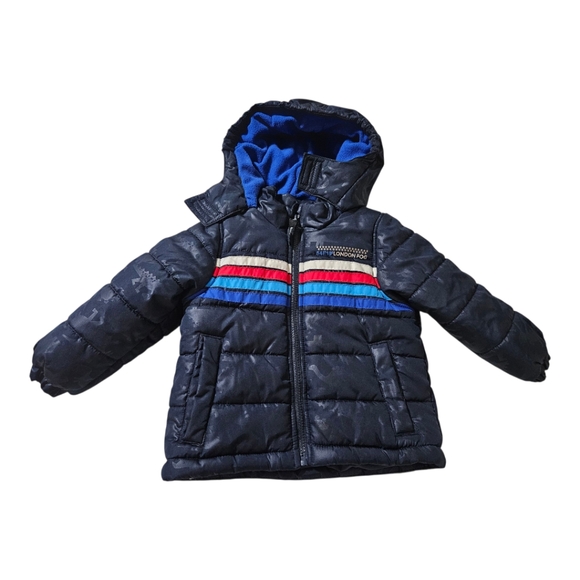 London Fog Toddler Puffer Jacket 2t Navy With Dinosaur Print - Picture 1 of 5
